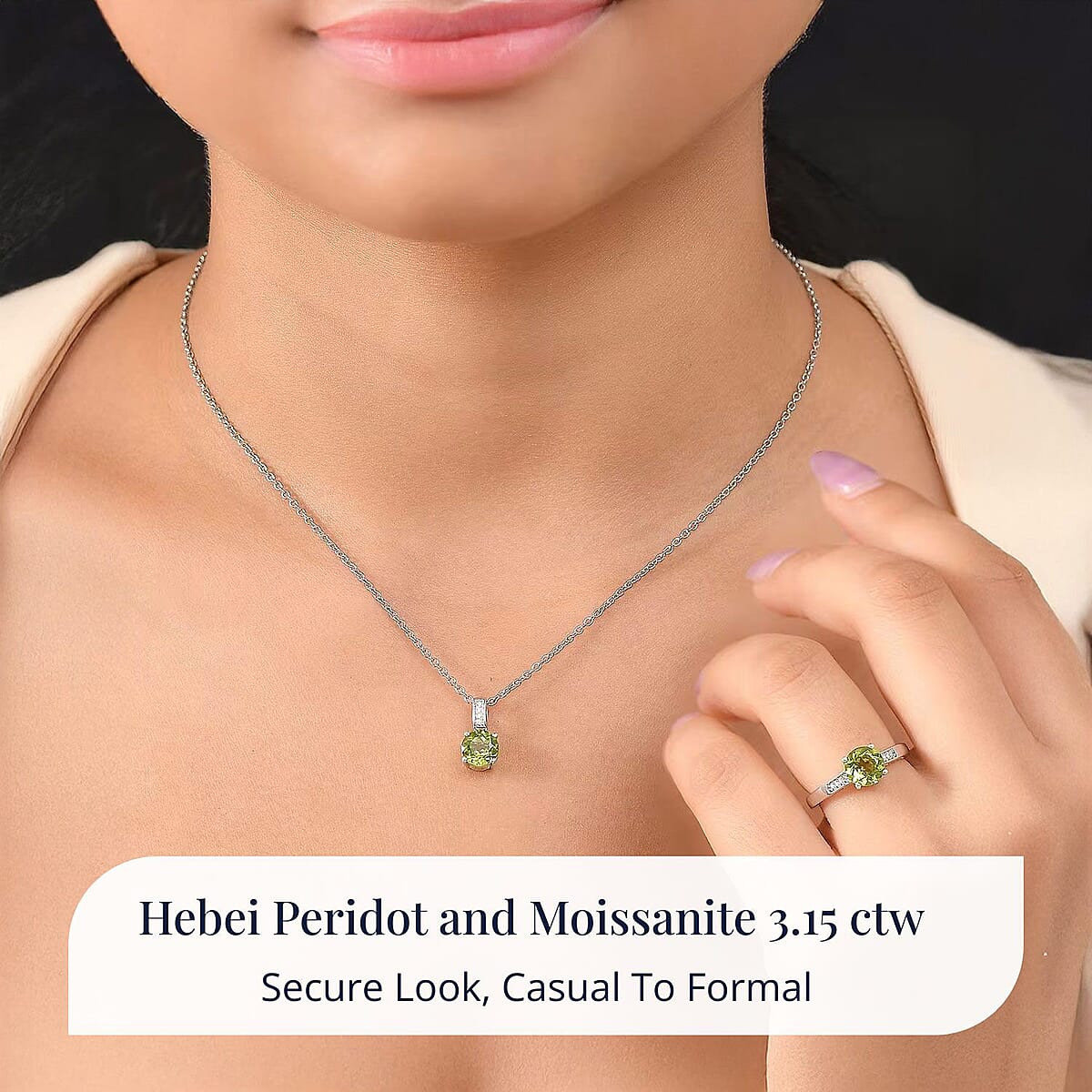 D'Joy Hebei Peridot and Moissanite 3.15 ctw Ring (Size 6.0) and Pendant in Rhodium Over Sterling Silver with Stainless Steel Necklace 20 Inches image number 1