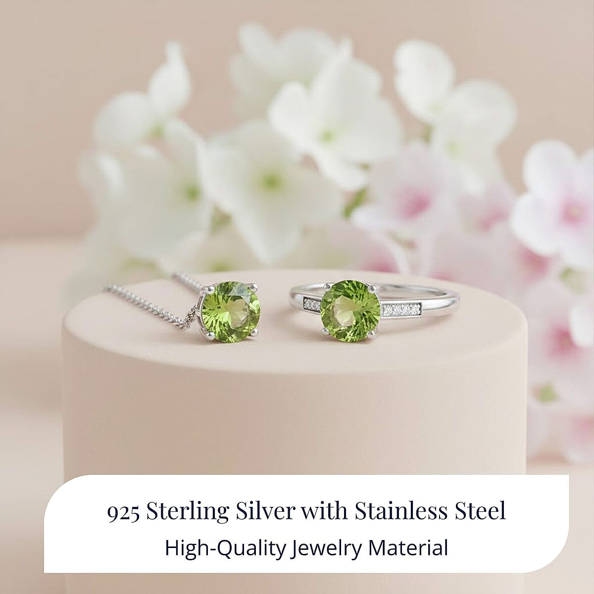 D'Joy Hebei Peridot and Moissanite 3.15 ctw Ring (Size 8.0) and Pendant in Rhodium Over Sterling Silver with Stainless Steel Necklace 20 Inches image number 4