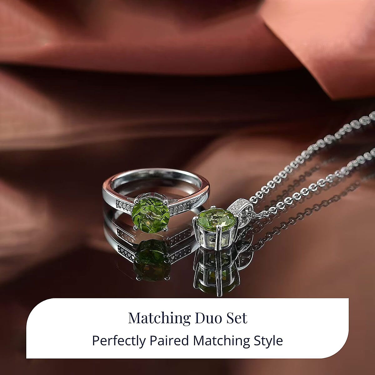 D'Joy Hebei Peridot and Moissanite 3.15 ctw Ring (Size 9.0) and Pendant in Rhodium Over Sterling Silver with Stainless Steel Necklace 20 Inches image number 2