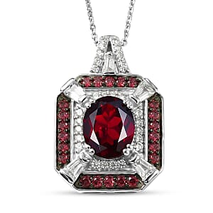 D'Joy Orissa Rhodolite Garnet and White Zircon 3.30 ctw Art Deco Pendant Necklace in Rhodium Over Sterling Silver 20 Inches 