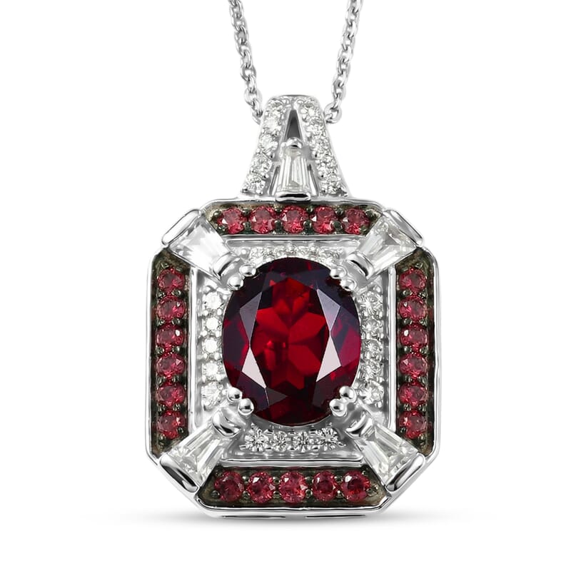 D'Joy Orissa Rhodolite Garnet and White Zircon 3.30 ctw Art Deco Pendant Necklace in Rhodium Over Sterling Silver 20 Inches