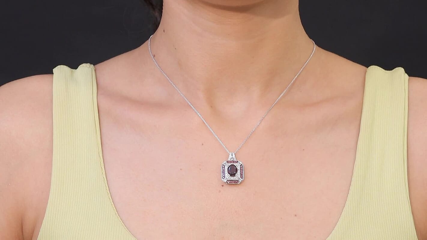 D'Joy Orissa Rhodolite Garnet, White Zircon Pendant Necklace (20 Inches) in Rhodium and Platinum Over Sterling Silver 3.30 ctw