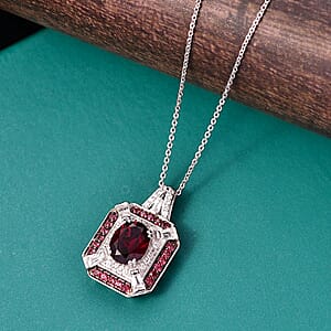D'Joy Orissa Rhodolite Garnet and White Zircon 3.30 ctw Art Deco Pendant Necklace in Rhodium Over Sterling Silver 20 Inches 