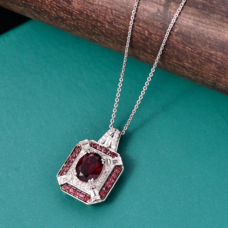 D'Joy Orissa Rhodolite Garnet and White Zircon 3.30 ctw Art Deco Pendant Necklace in Rhodium Over Sterling Silver 20 Inches