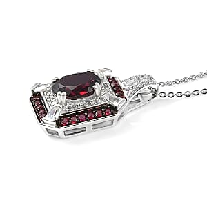 D'Joy Orissa Rhodolite Garnet and White Zircon 3.30 ctw Art Deco Pendant Necklace in Rhodium Over Sterling Silver 20 Inches 