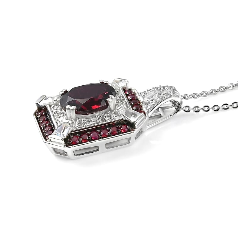 D'Joy Orissa Rhodolite Garnet and White Zircon 3.30 ctw Art Deco Pendant Necklace in Rhodium Over Sterling Silver 20 Inches