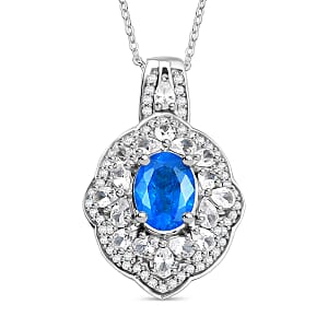 D'Joy Malgache Neon Apatite, White Zircon Pendant Necklace (20 Inches) in Rhodium Over Sterling Silver 2.90 ctw