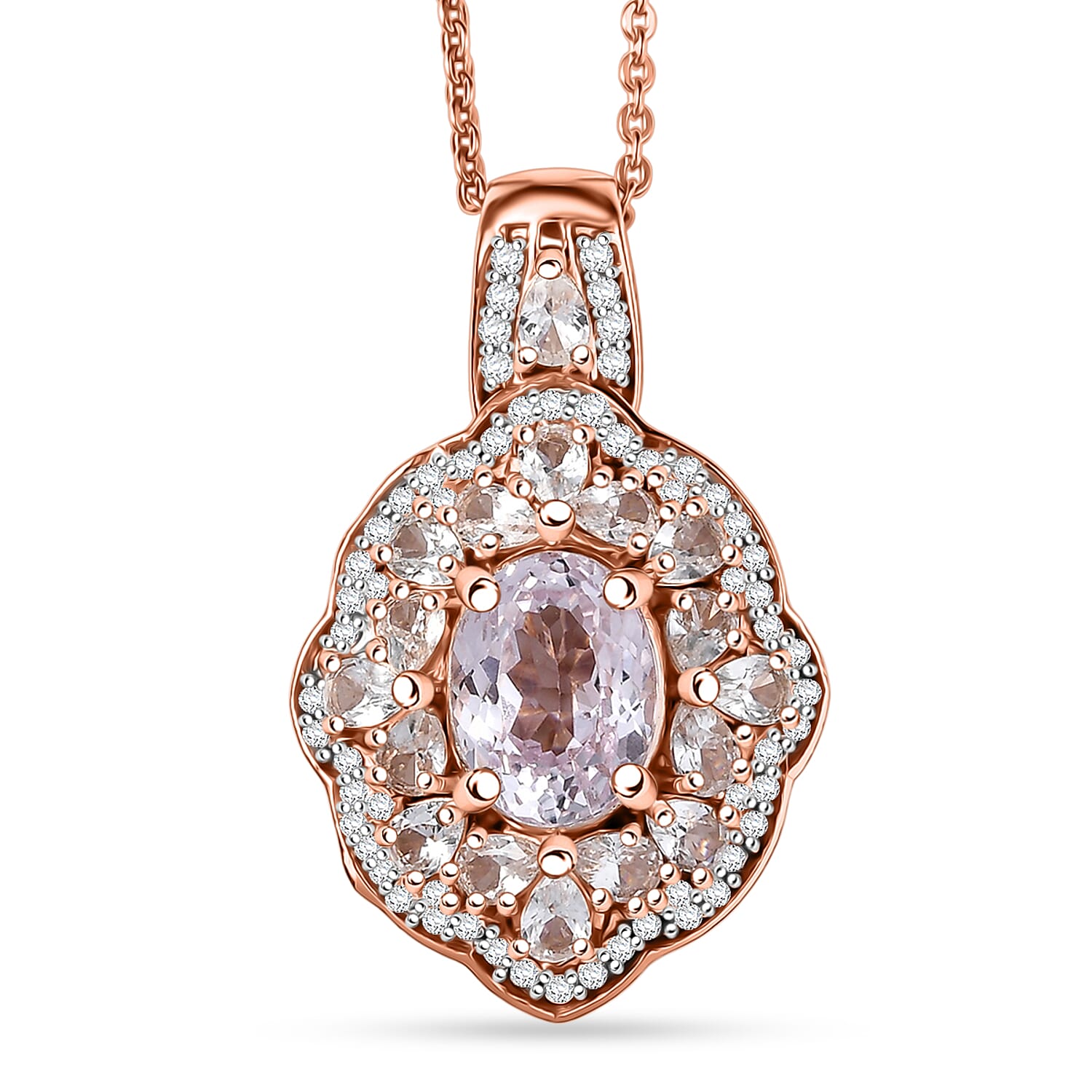 D'Joy Martha Rocha Kunzite and White Zircon 3.25 ctw Pendant Necklace in 18K Vermeil Rose Gold Over Sterling Silver 20 Inches