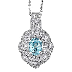 D'Joy Premium Cambodian Blue Zircon and White Zircon 3.65 ctw Pendant Necklace in Rhodium Over Sterling Silver 20 Inches