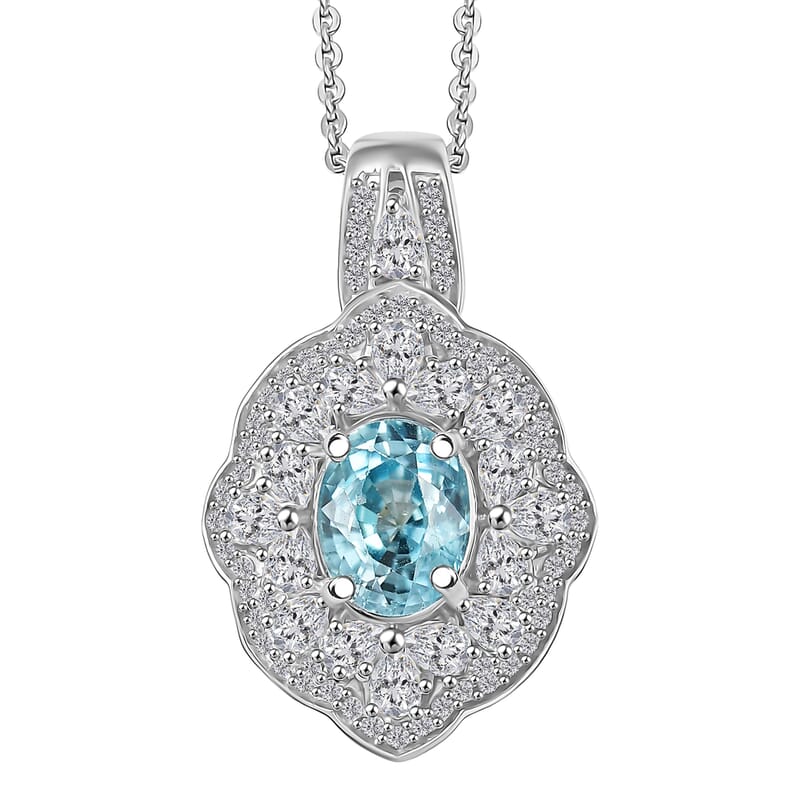 D'Joy Premium Cambodian Blue Zircon and White Zircon 3.65 ctw Pendant Necklace in Rhodium Over Sterling Silver 20 Inches