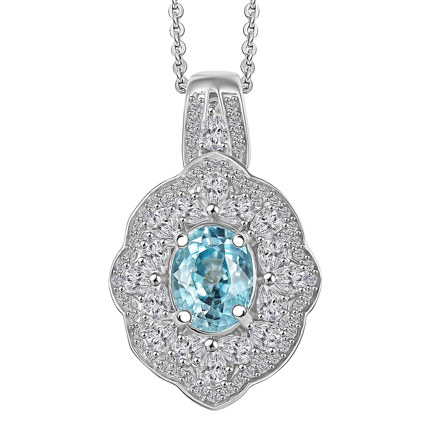 D'Joy Premium Cambodian Blue Zircon and White Zircon 3.65 ctw Pendant Necklace in Rhodium Over Sterling Silver 20 Inches