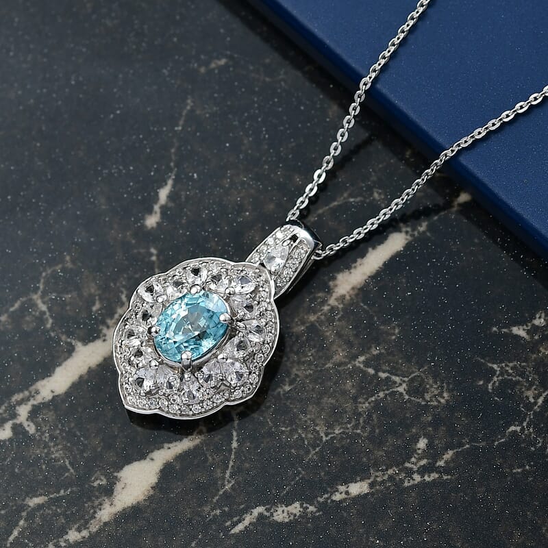 D'Joy Premium Cambodian Blue Zircon and White Zircon 3.65 ctw Pendant Necklace in Rhodium Over Sterling Silver 20 Inches