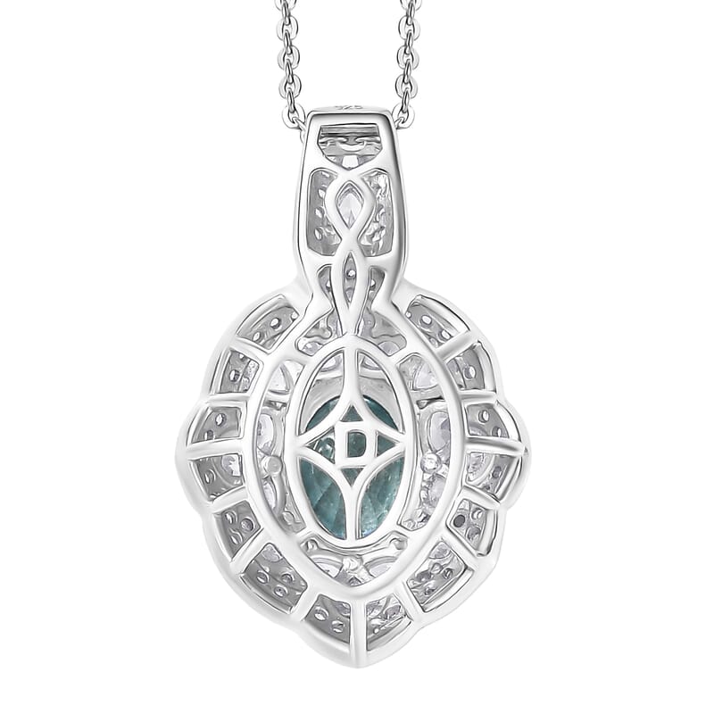 D'Joy Premium Cambodian Blue Zircon and White Zircon 3.65 ctw Pendant Necklace in Rhodium Over Sterling Silver 20 Inches