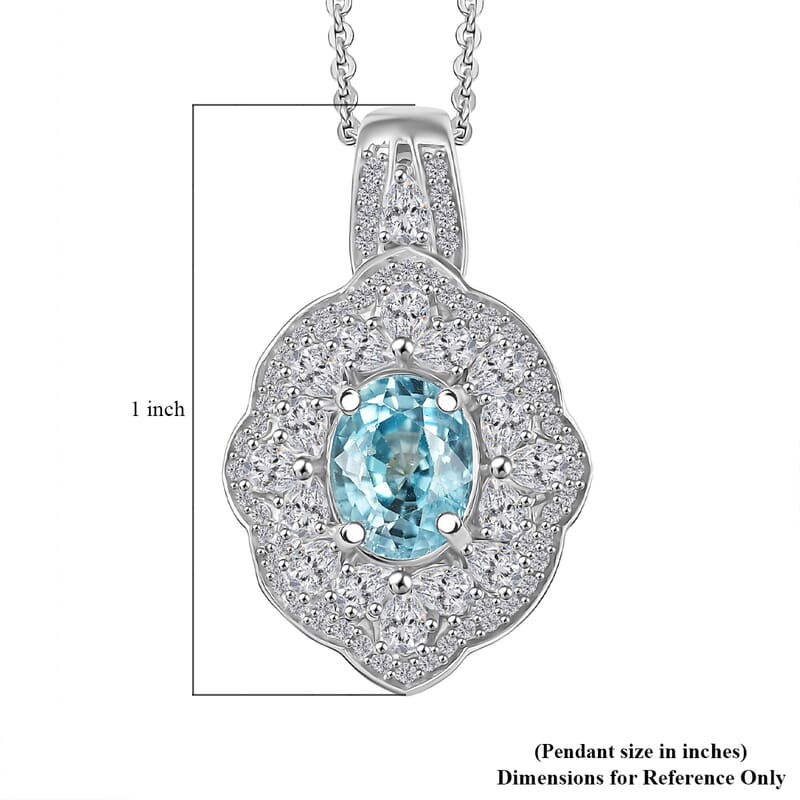 D'Joy Premium Cambodian Blue Zircon and White Zircon 3.65 ctw Pendant Necklace in Rhodium Over Sterling Silver 20 Inches