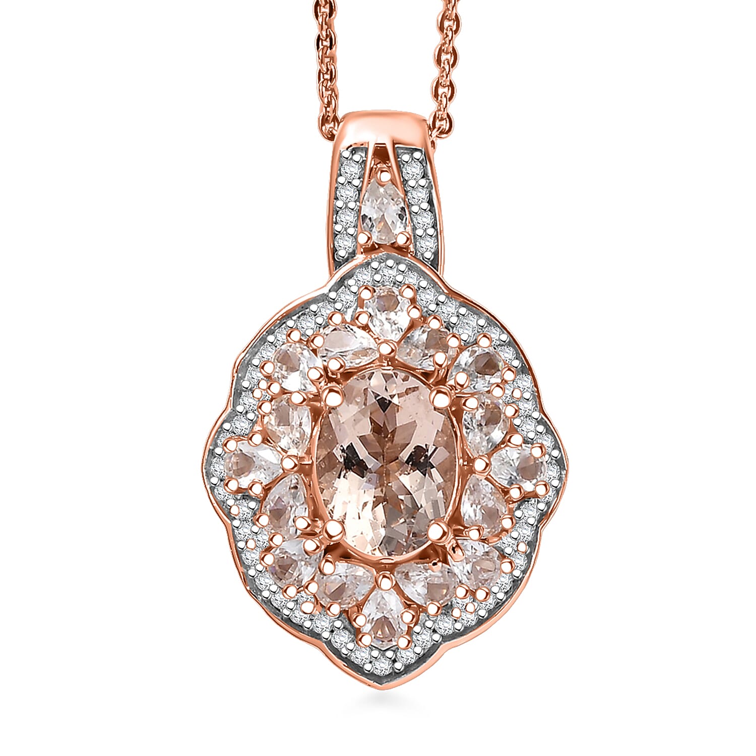D'Joy Premium Marropino Morganite and White Zircon 2.85 ctw Pendant Necklace in 18K Vermeil Rose Gold Over Sterling Silver 20 In