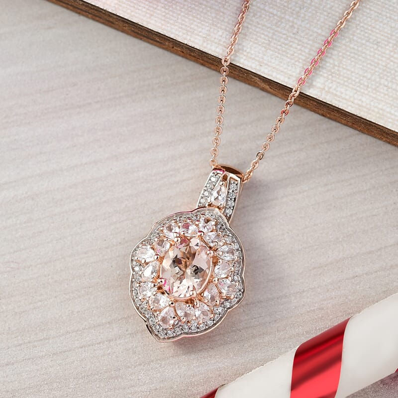 D'Joy Premium Marropino Morganite and White Zircon 2.85 ctw Pendant Necklace in 18K Vermeil Rose Gold Over Sterling Silver 20 Inches