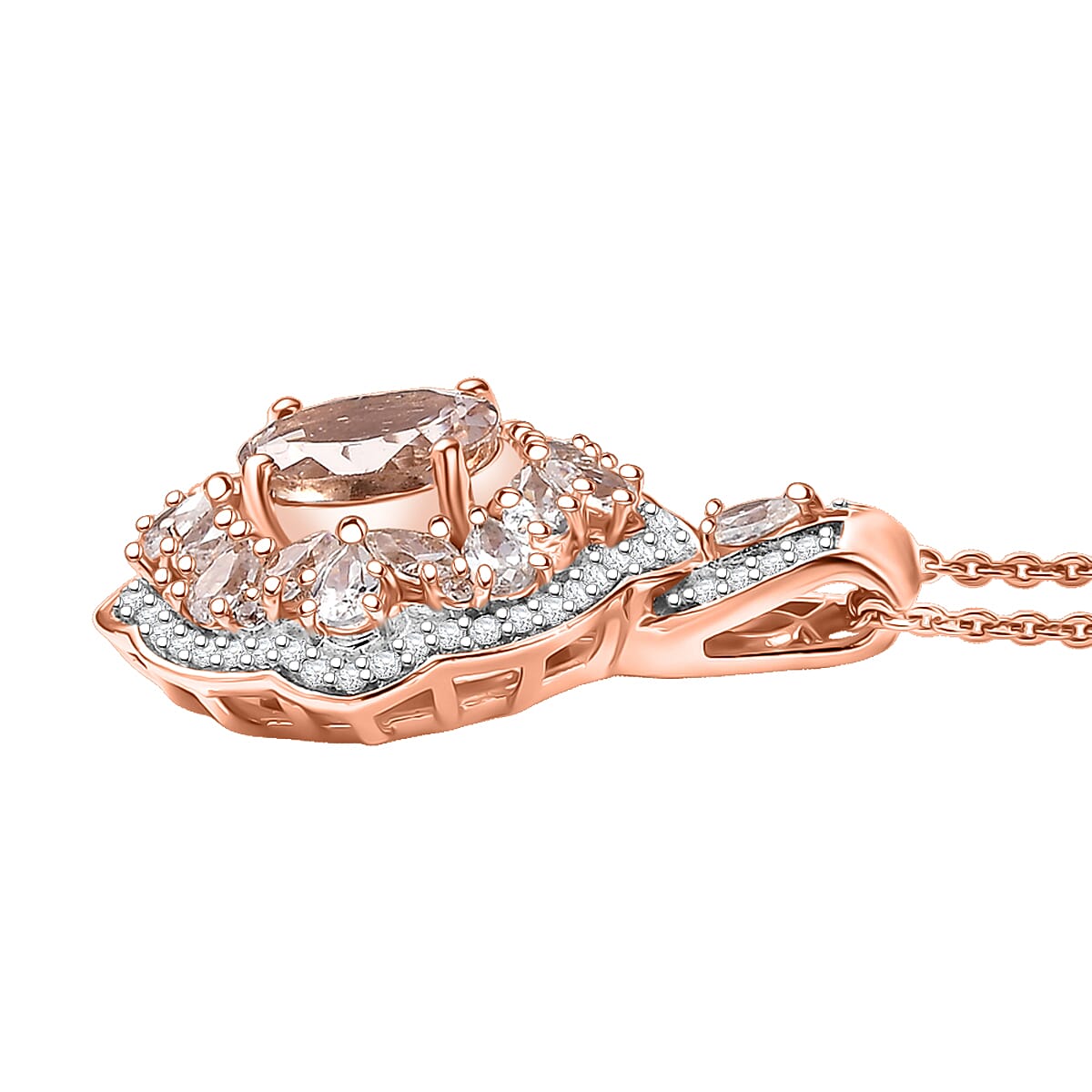 D'Joy Premium Marropino Morganite and White Zircon 2.85 ctw Pendant Necklace in 18K Vermeil Rose Gold Over Sterling Silver 20 Inches