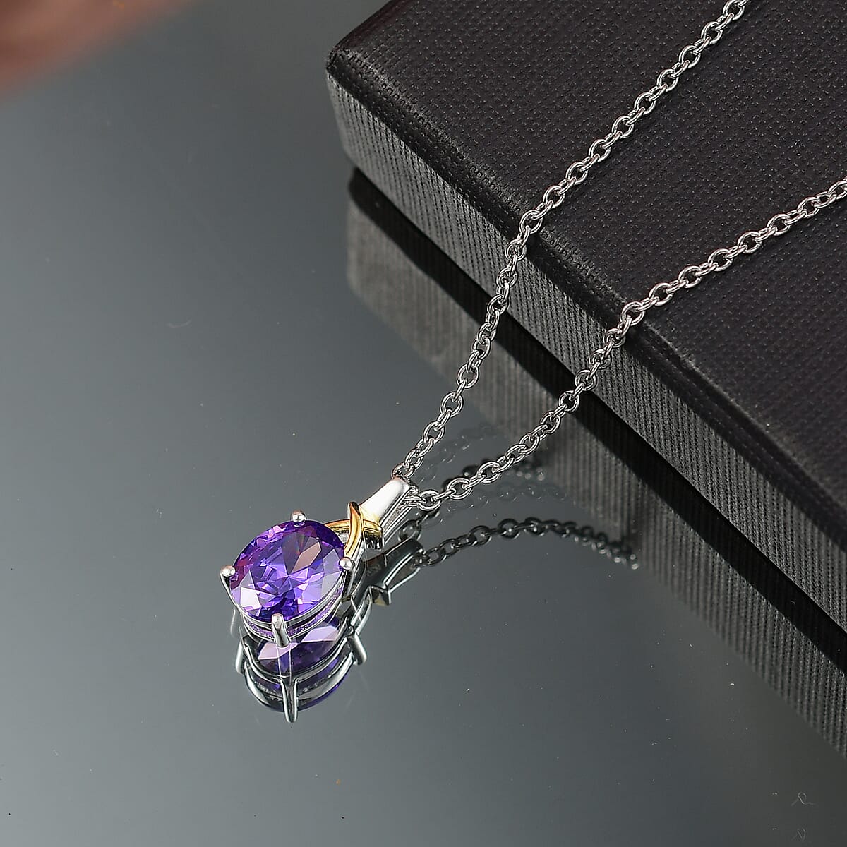 D'Joy Simulated Blue Diamond 2.90 ctw Pendant in 14K YG Over and Sterling Silver with Stainless Steel Necklace 20 Inches image number 1