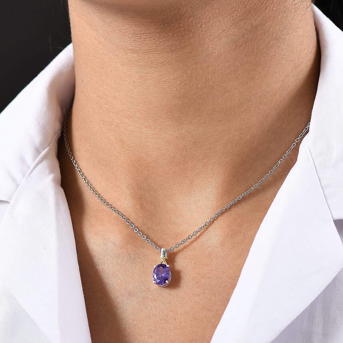 D'Joy Simulated Blue Diamond 2.90 ctw Pendant in 14K YG Over and Sterling Silver with Stainless Steel Necklace 20 Inches image number 2