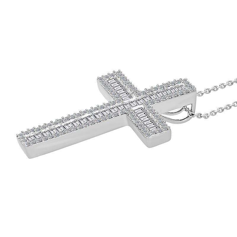 Luxuriant Lab Grown Diamond G-H SI 1.00 ctw Cross Pendant Necklace in Rhodium Over Sterling Silver 20 Inches