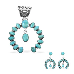 Santa Fe Style Kingman Turquoise 12.00 ctw Horseshoe Pendant and Earrings in Sterling Silver