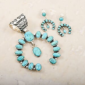 Santa Fe Style Kingman Turquoise 12.00 ctw Horseshoe Pendant without Chain and Earrings in Sterling Silver