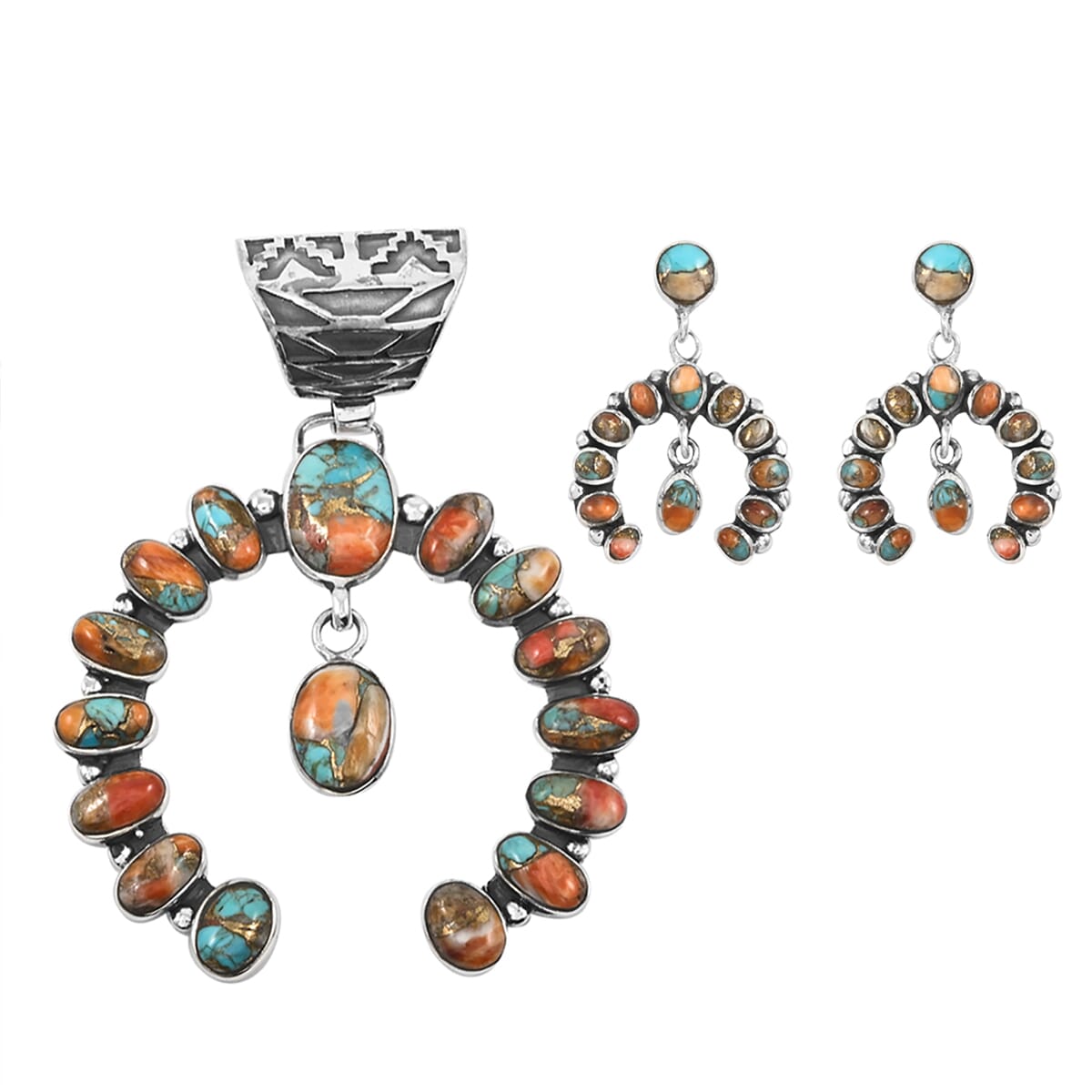 Santa Fe Style Spiny Turquoise 12.00 ctw Horseshoe Pendant and Earrings in Sterling Silver image number 0