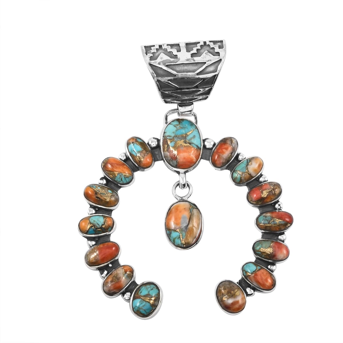 Santa Fe Style Spiny Turquoise 12.00 ctw Horseshoe Pendant and Earrings in Sterling Silver image number 1