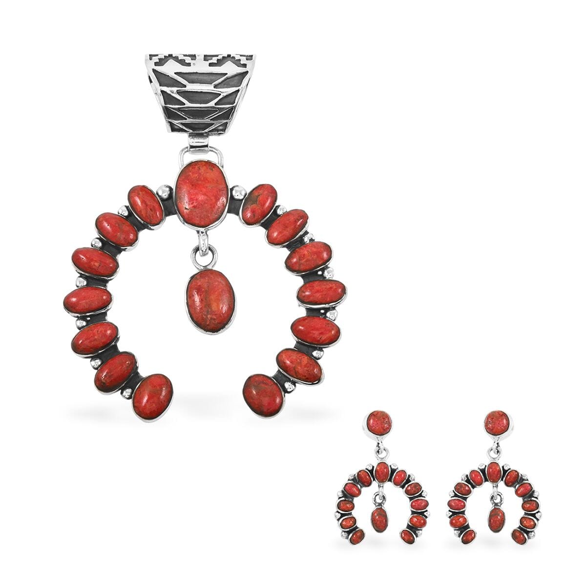 Santa Fe Style Enhanced Red Coral 12.00 ctw Horseshoe Pendant and Earrings in Sterling Silver image number 0