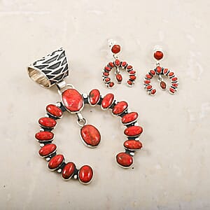 Santa Fe Style Enhanced Red Coral 12.00 ctw Horseshoe Pendant without Chain and Earrings in Sterling Silver