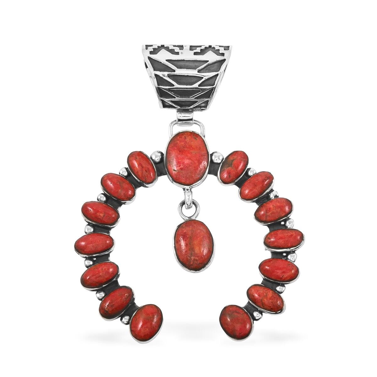 Santa Fe Style Enhanced Red Coral 12.00 ctw Horseshoe Pendant and Earrings in Sterling Silver image number 2