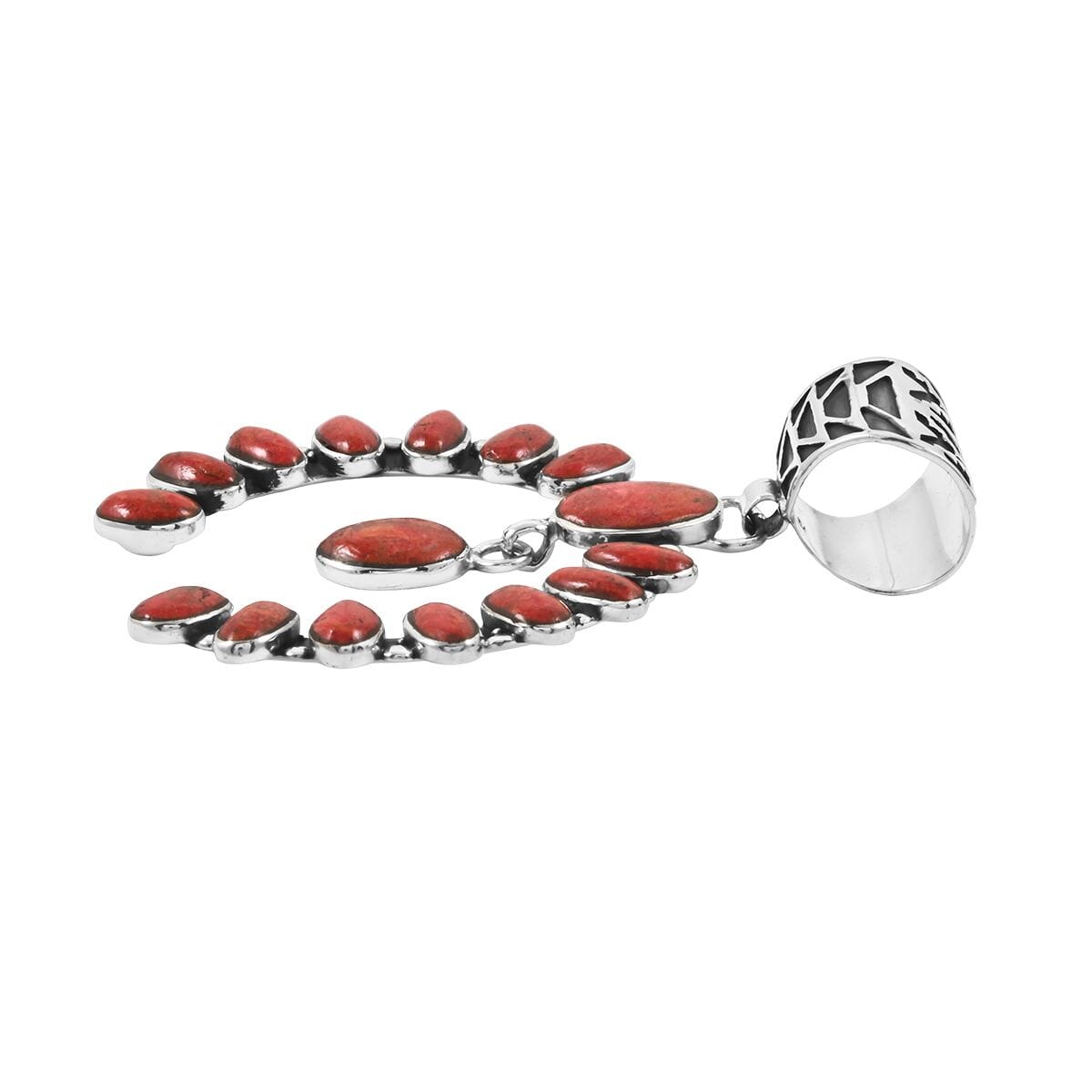 Santa Fe Style Enhanced Red Coral 12.00 ctw Horseshoe Pendant and Earrings in Sterling Silver image number 3