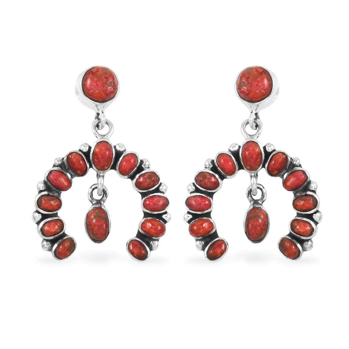 Santa Fe Style Enhanced Red Coral 12.00 ctw Horseshoe Pendant and Earrings in Sterling Silver image number 5