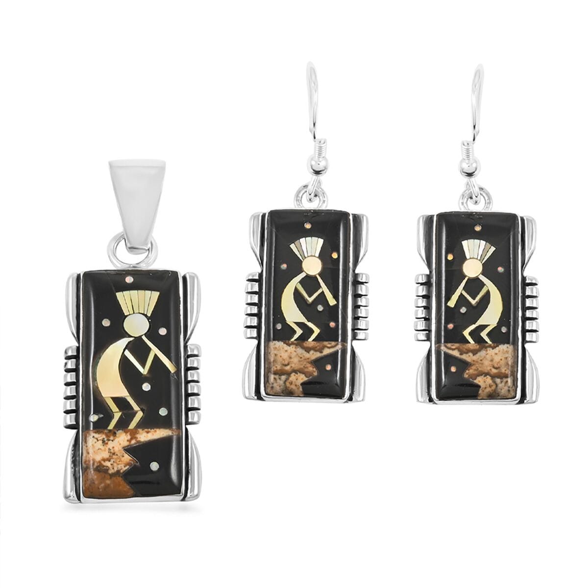 Santa Fe Style Black Onyx and Multi Gemstone 8.00 ctw Kokopelli Pendant and Earrings in Sterling Silver image number 0