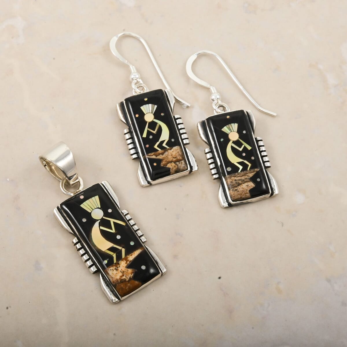 Santa Fe Style Black Onyx and Multi Gemstone 8.00 ctw Kokopelli Pendant and Earrings in Sterling Silver image number 1