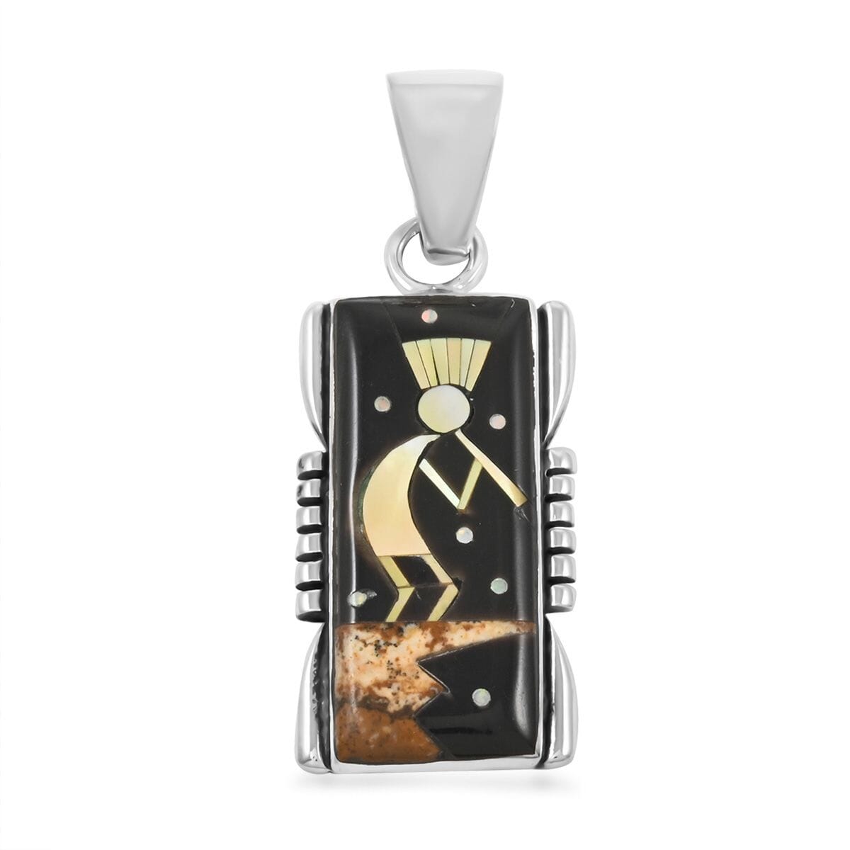 Santa Fe Style Black Onyx and Multi Gemstone 8.00 ctw Kokopelli Pendant and Earrings in Sterling Silver image number 2