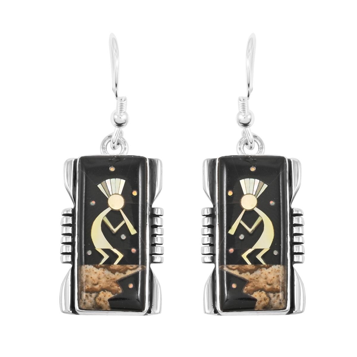 Santa Fe Style Black Onyx and Multi Gemstone 8.00 ctw Kokopelli Pendant and Earrings in Sterling Silver image number 4