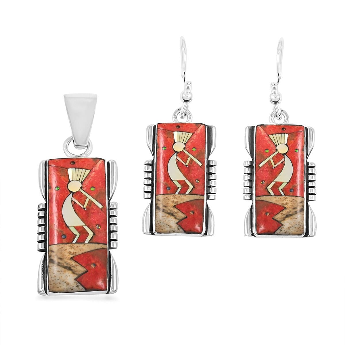 Santa Fe Style Enhanced Red Coral and Multi Gemstone 2.00 ctw Kokopelli Pendant without Chain and Earrings in Sterling Silver image number 0