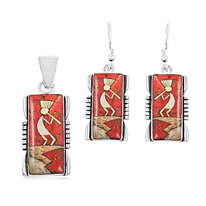 Santa Fe Style Enhanced Red Coral and Multi Gemstone 2.00 ctw Kokopelli Pendant without Chain and Earrings in Sterling Silver