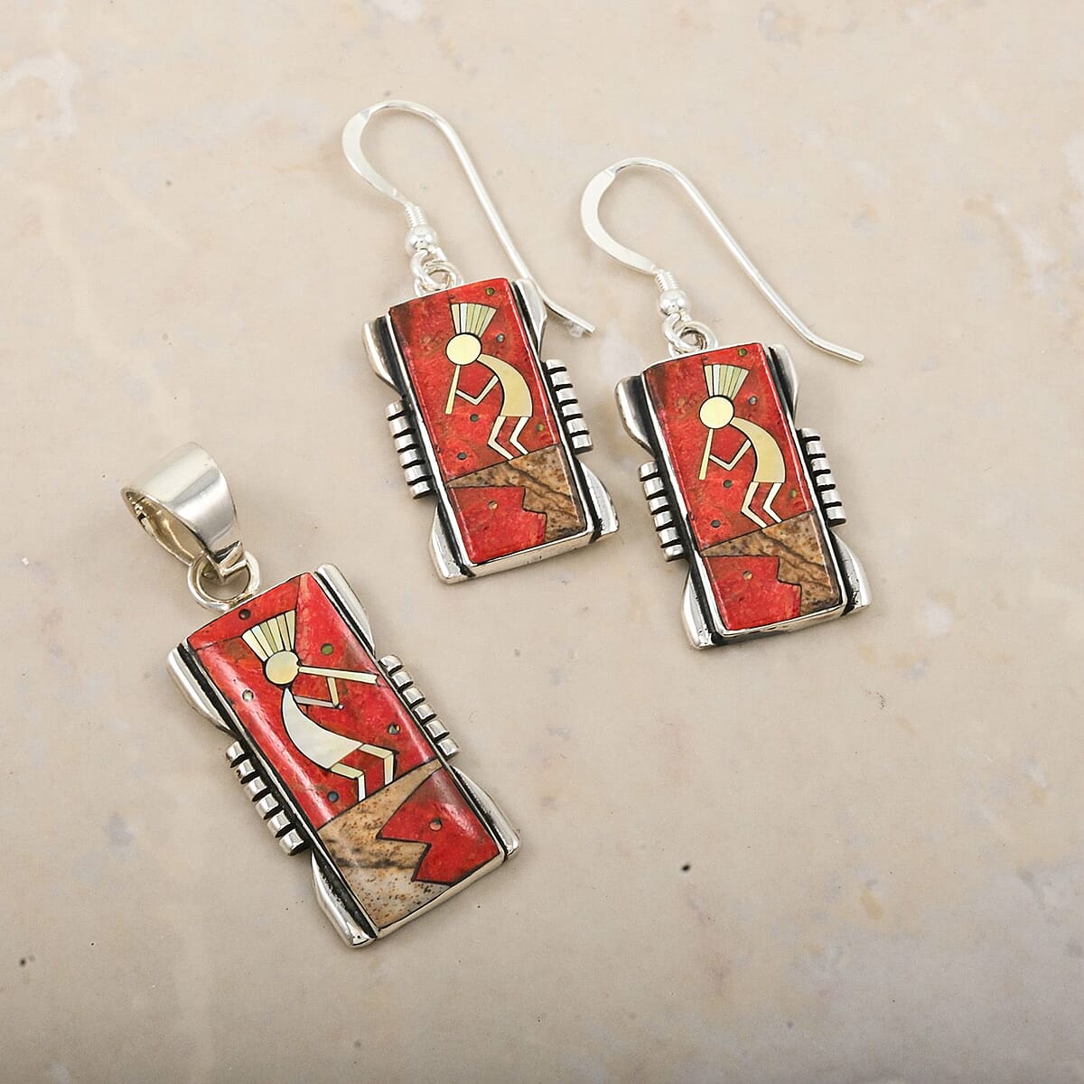 Santa Fe Style Enhanced Red Coral and Multi Gemstone 2.00 ctw Kokopelli Pendant without Chain and Earrings in Sterling Silver image number 1