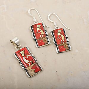Santa Fe Style Enhanced Red Coral and Multi Gemstone 2.00 ctw Kokopelli Pendant without Chain and Earrings in Sterling Silver
