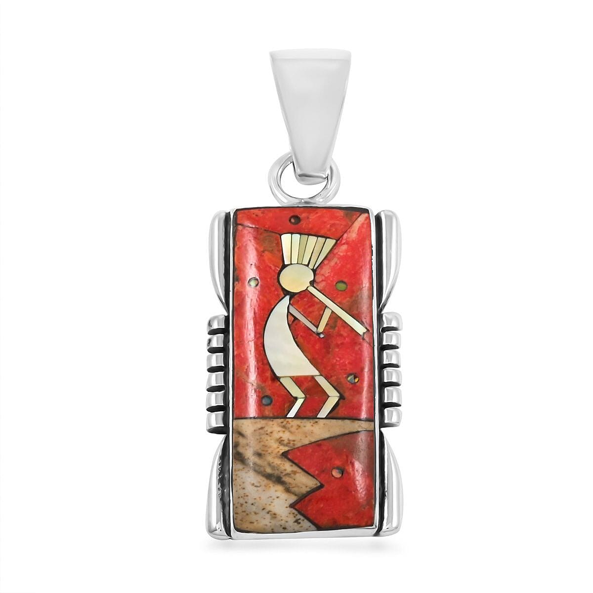 Santa Fe Style Enhanced Red Coral and Multi Gemstone 2.00 ctw Kokopelli Pendant without Chain and Earrings in Sterling Silver image number 2