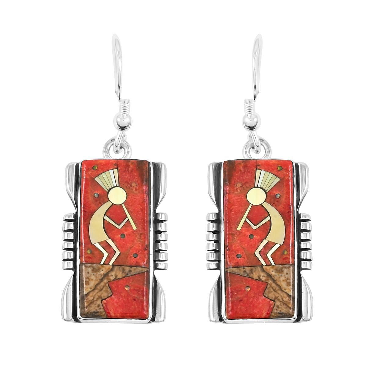 Santa Fe Style Enhanced Red Coral and Multi Gemstone 2.00 ctw Kokopelli Pendant without Chain and Earrings in Sterling Silver image number 4