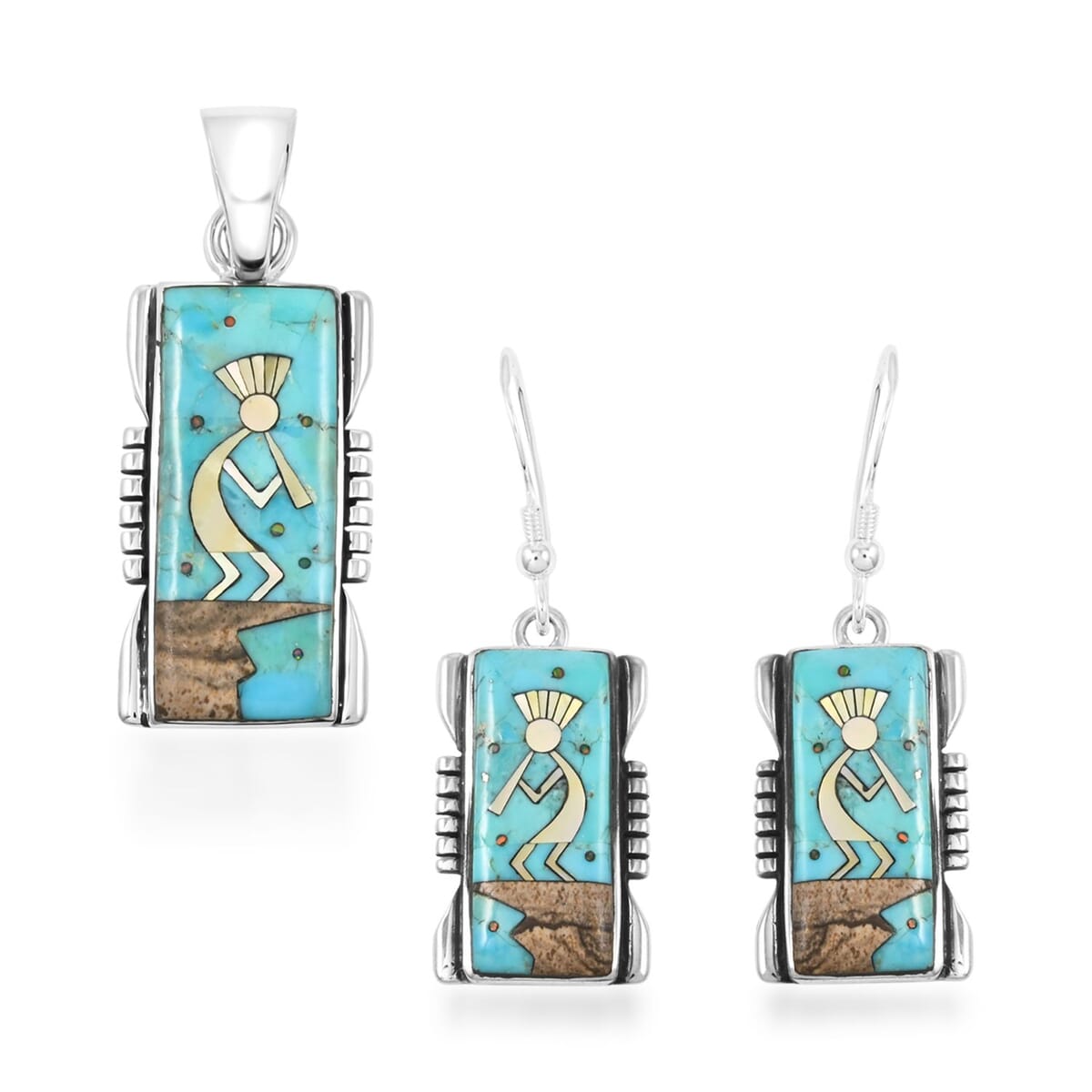 Santa Fe Style Kingman Turquoise and Multi Gemstone 8.00 ctw Kokopelli Pendant and Earrings in Sterling Silver image number 0