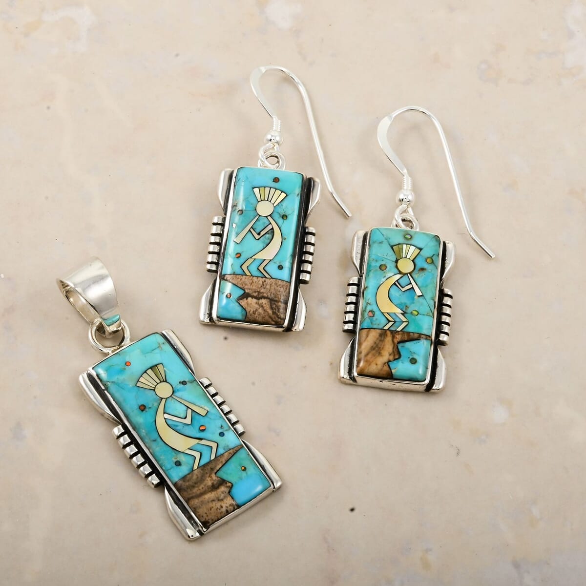Santa Fe Style Kingman Turquoise and Multi Gemstone 8.00 ctw Kokopelli Pendant and Earrings in Sterling Silver image number 1