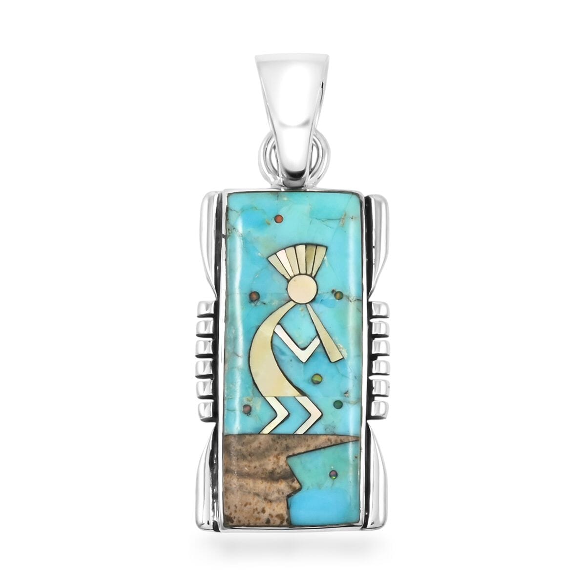 Santa Fe Style Kingman Turquoise and Multi Gemstone 8.00 ctw Kokopelli Pendant and Earrings in Sterling Silver image number 2
