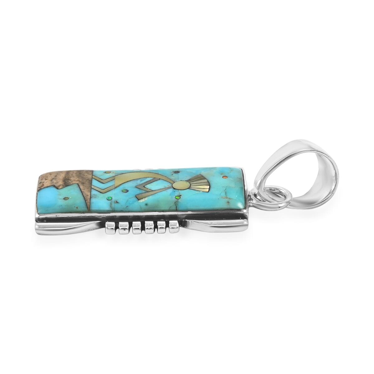 Santa Fe Style Kingman Turquoise and Multi Gemstone 8.00 ctw Kokopelli Pendant and Earrings in Sterling Silver image number 3