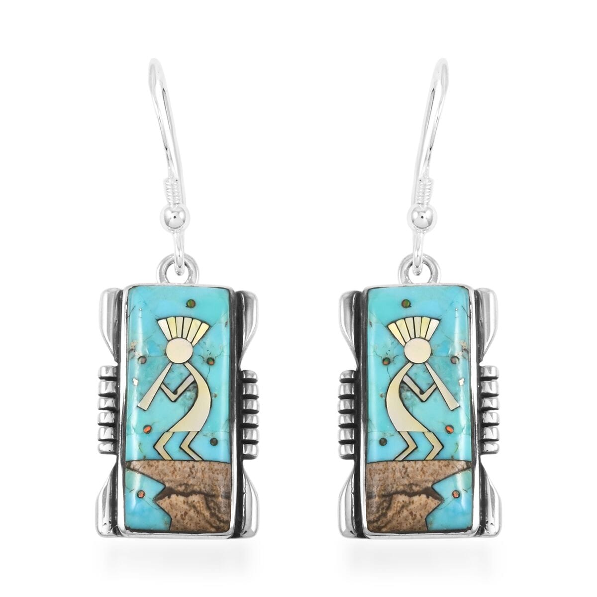 Santa Fe Style Kingman Turquoise and Multi Gemstone 8.00 ctw Kokopelli Pendant and Earrings in Sterling Silver image number 4