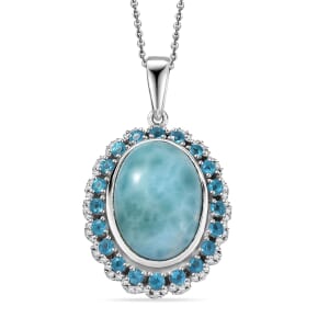 D’Joy Larimar and Multi Gemstone 8.00 ctw Ocean's Halo Pendant Necklace 20 Inches in Rhodium Over Sterling Silver