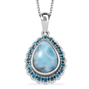 D’Joy Larimar and Multi Gemstone 7.30 ctw Ocean's Halo Pendant Necklace 20 Inches in Rhodium Over Sterling Silver